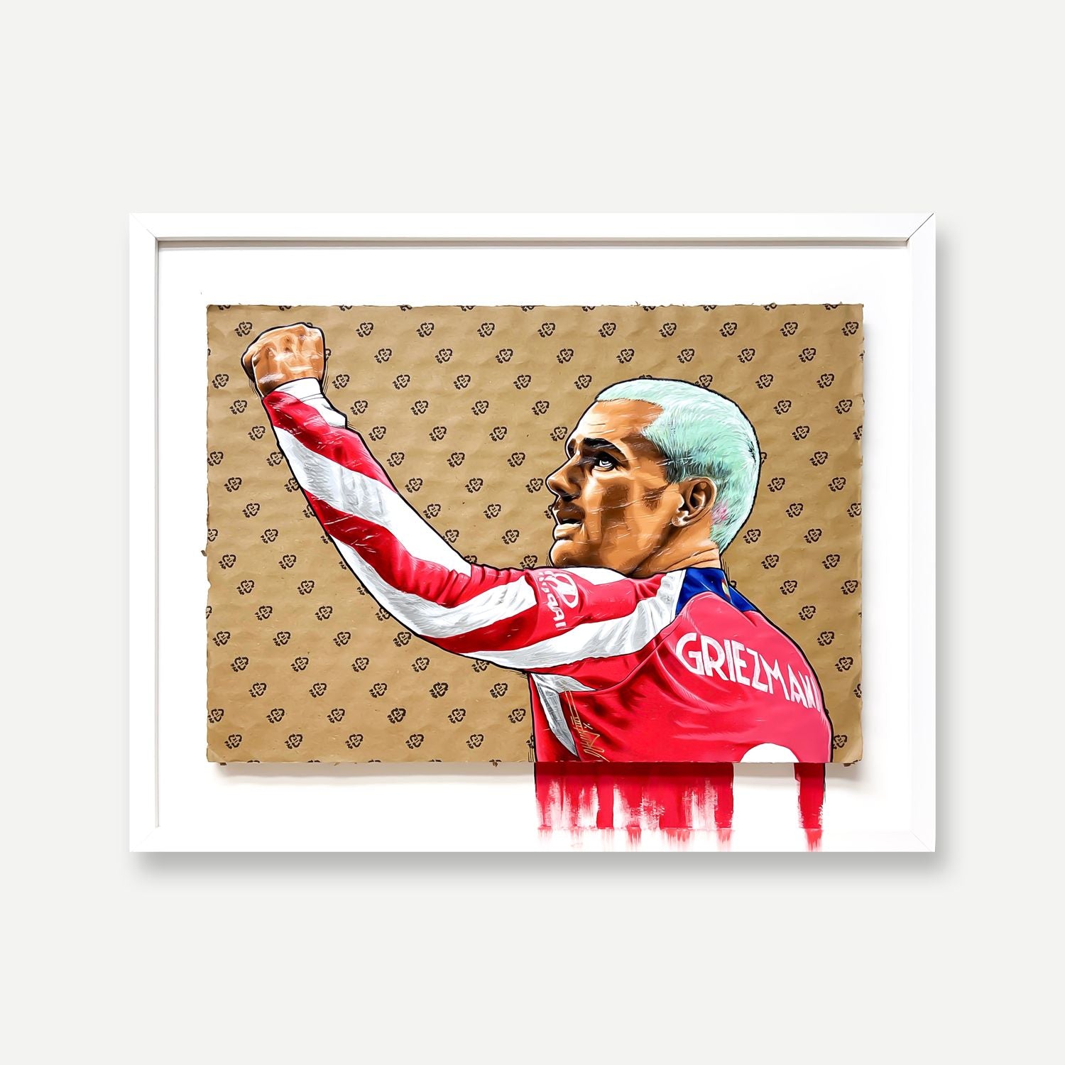 Retrato de Antoine Griezmann pintado a mano con acrílico sobre cartón de embalaje, enmarcado en blanco. Obra única. Medidas 40x50cm