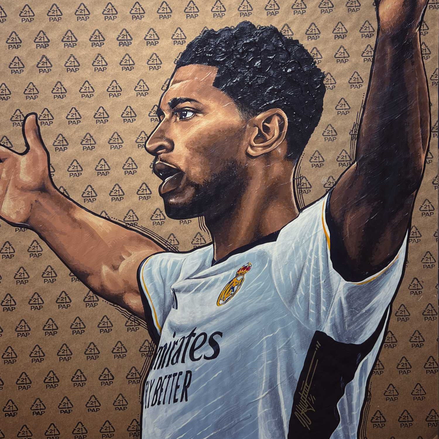 Retrato de Jude Bellingham pintado a mano con acrílico sobre cartón de embalaje reciclado, sin marco. Medidas 50x70cm. Firmada por el artista.