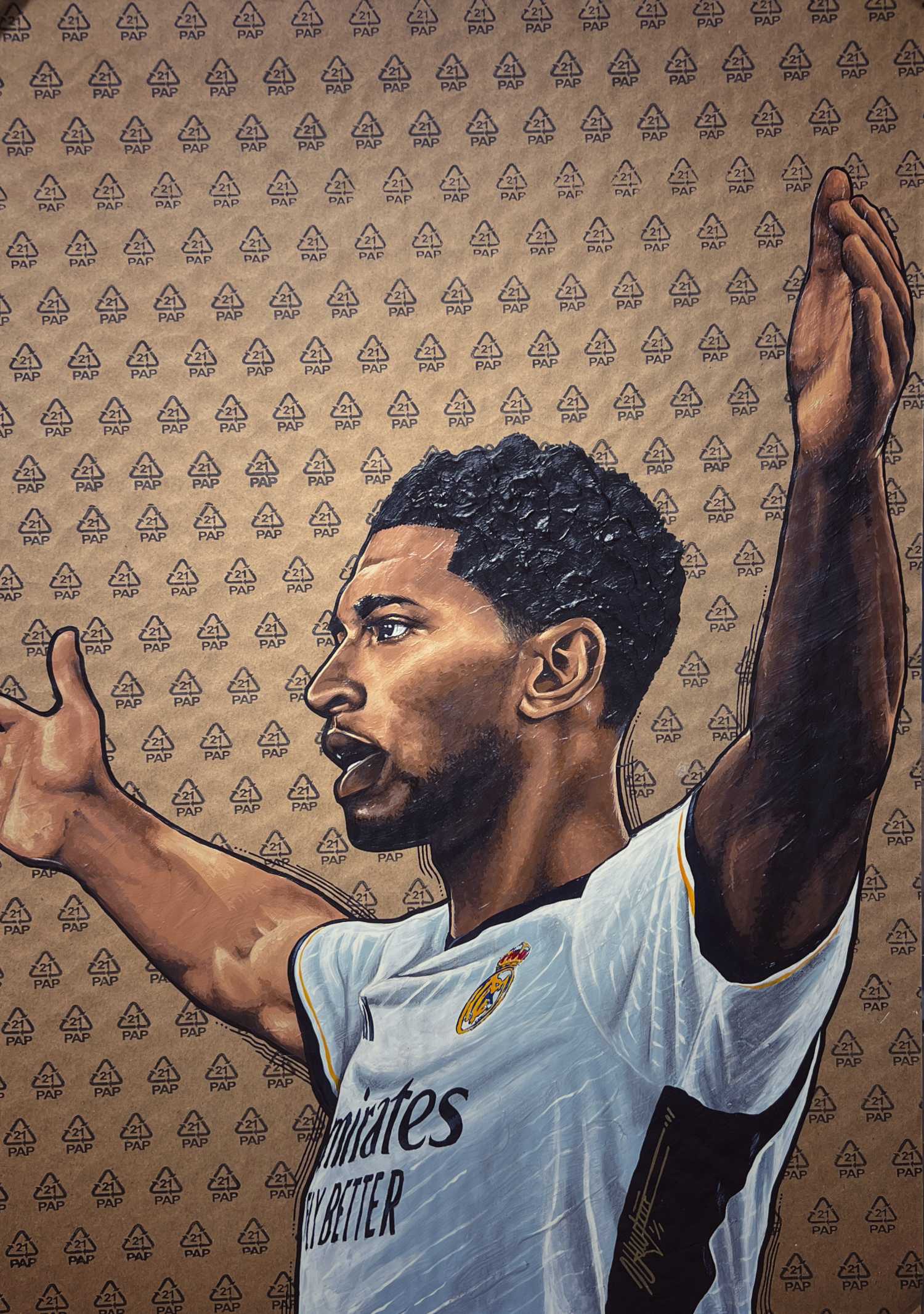 Retrato de Jude Bellingham pintado a mano con acrílico sobre cartón de embalaje reciclado, sin marco. Medidas 50x70cm. Firmada por el artista.