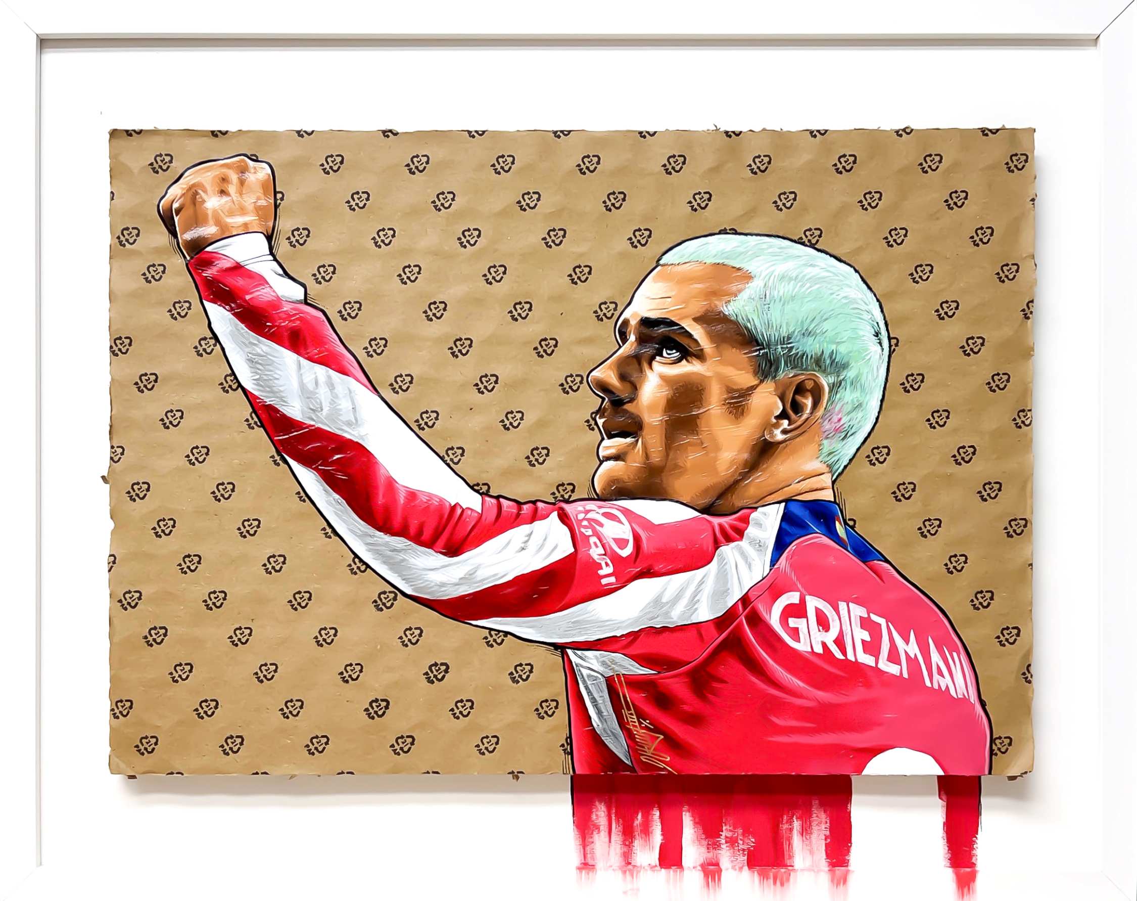 Retrato de Antoine Griezmann pintado a mano con acrílico sobre cartón de embalaje, enmarcado en blanco. Obra única. Medidas 40x50cm