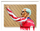 Retrato de Antoine Griezmann pintado a mano con acrílico sobre cartón de embalaje, enmarcado en blanco. Obra única. Medidas 40x50cm