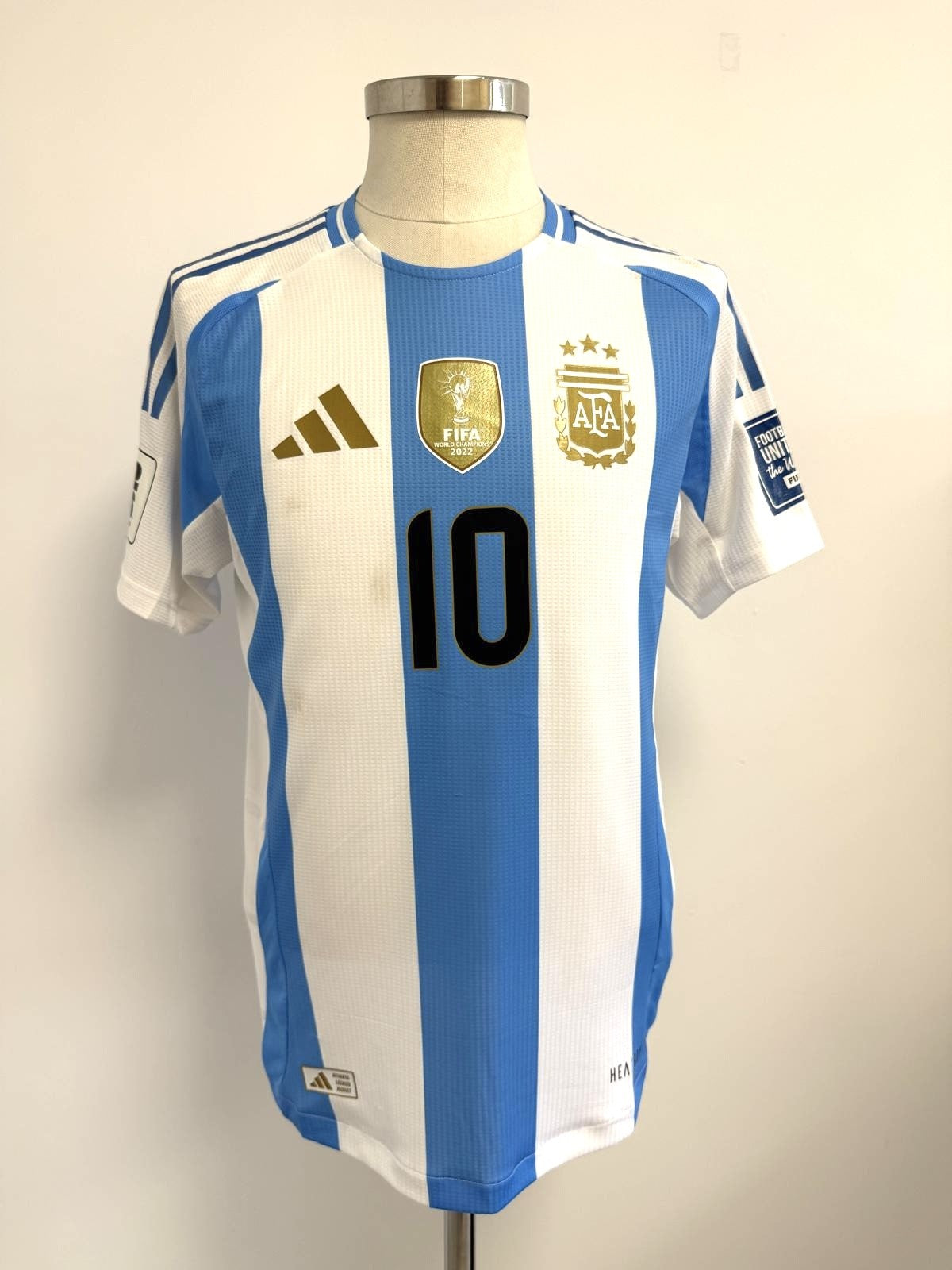 Vista general en plano anterior de la camiseta. Detalle del Logo de la marca, escudo FIFA y AFA con dorsal 10 en posición central