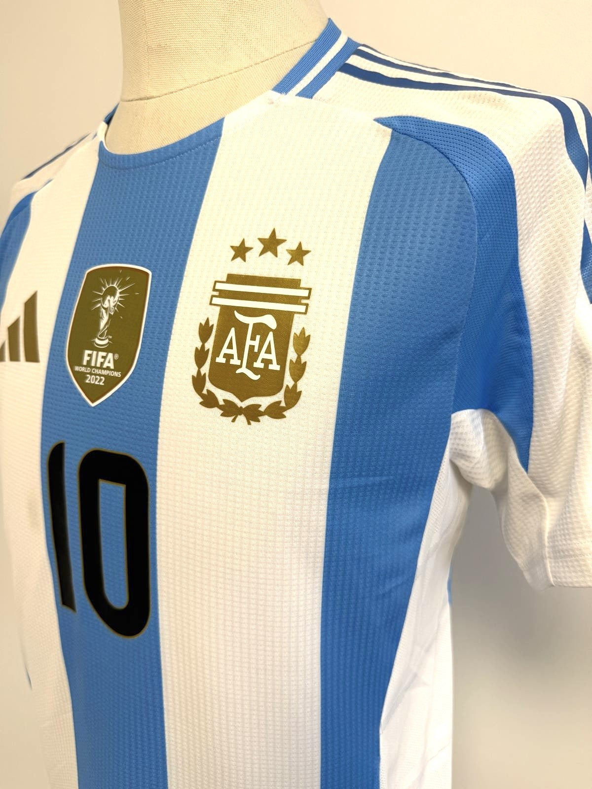 Plano detalle con vista en 45º del la zona de escudo AFA, dorsal 10, escudo FIFA Campeones del mundo 2022